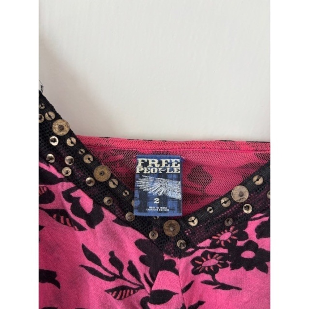 Free People Vintage Y2K Pink Black Floral Ruched Sequin Mini Cocktail Dress Sz 2 - Picture 2 of 14